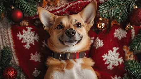 Aerial shot of a dog with a joyful expression, lying on a festive holiday blanket with decorations around.の素材