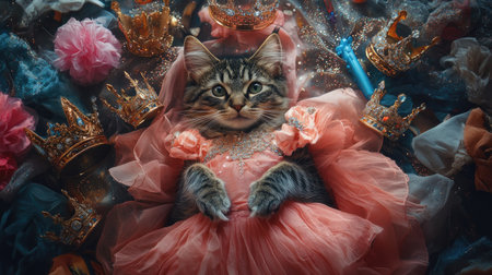 Aerial perspective of a cat in a princess dress, surrounded by toy crowns, wands, and glittering decorations.の素材