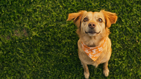 Aerial shot of a dog standing on hind legs, wearing a cute bandana, looking up with big, hopeful eyes on a grassy lawn.の素材