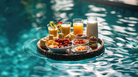 A floating tray with a breakfast set in a serene hotel pool, featuring a variety of dishes including fresh juice, pastries, and tropical fruits, creating a peaceful morning vibeの素材