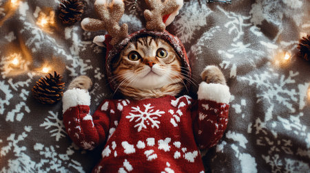 Aerial view of a cat in a reindeer costume, lying on a winter-themed blanket with snowflakes and pinecones.の素材