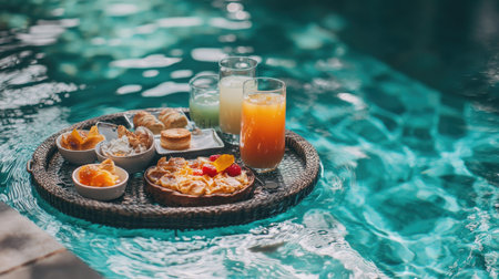 A floating tray with a breakfast set in a serene hotel pool, featuring a variety of dishes including fresh juice, pastries, and tropical fruits, creating a peaceful morning vibeの素材