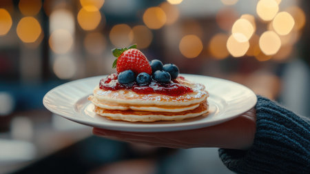 A hand holding a white plate with pancakes, topped with strawberry jam and blueberries, creating a perfect sweet treat ready to be served and enjoyedの素材