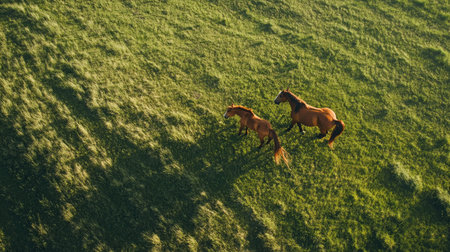Aerial view of a horse playing with a foal in an open pasture.の素材