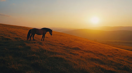 Bird's-eye perspective of a horse grazing on a hill, with a beautiful sunset in the background.の素材