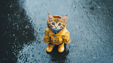 Aerial shot of a kitten dressed in a tiny raincoat and boots, sitting on a wet pavement with raindrops around.の素材