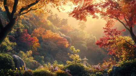 Autumn Splendor: Early morning in Atami Plum Garden, Shizuoka Prefecture. The autumn leaves are bathed in soft, golden light, creating a tranquil scene.の素材