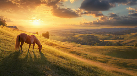 Bird's-eye perspective of a horse grazing on a hill, with a beautiful sunset in the background.の素材