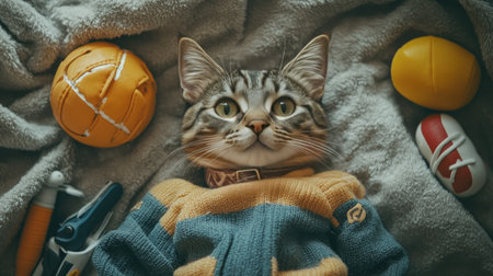 Bird's-eye perspective of a cat in a sporty outfit, lying on a blanket with tiny sports equipment.の素材