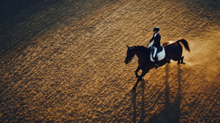 Aerial view of a horse and its rider in a dressage arena, practicing graceful movements.の素材