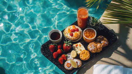 An indulgent breakfast set floating in a hotel resort's swimming pool, with tropical fruits, pastries, and beverages arranged on a tray, offering a luxurious dining experienceの素材