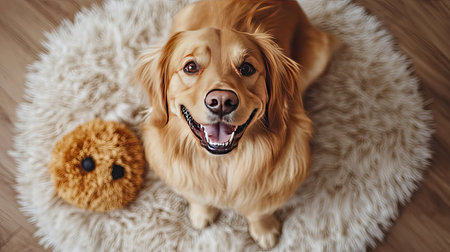 Aerial view of a dog with a big smile, sitting on a fluffy rug with its favorite toy next to it.の素材