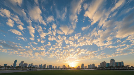 City and Sky: Doha, Qatar's skyline from Sheraton Park on a clear January day in 2022, under a beautiful cloud-filled sky.の素材