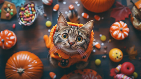 Bird's-eye view of a cat in a Halloween costume, surrounded by spooky decorations and candy.の素材