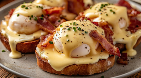 Close-up shot of eggs benedict with bacon and sourdough bread, topped with hollandaise sauce, ready to be savored as a delicious and hearty breakfastの素材