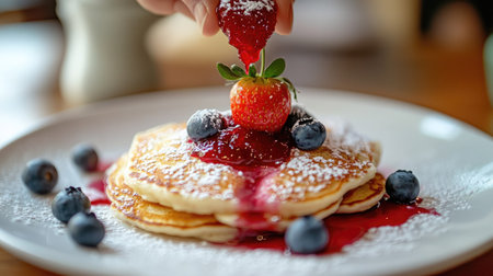 Close-up of a hand serving pancakes topped with strawberry jam and decorated with fresh blueberries on a white plate, ready to enjoy the perfect sweet treatの素材
