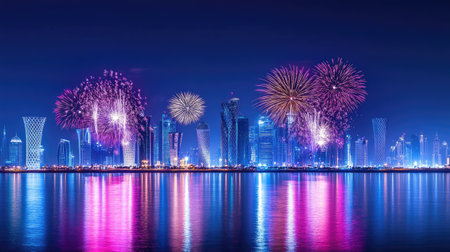 Doha's Festive Night Sky: Brilliant fireworks illuminate Doha's skyline on Qatar National Day, September 23, 2018, with dazzling displays and vibrant colors.の素材