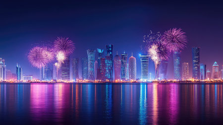 Doha's Festive Night: Stunning fireworks illuminate the Doha skyline, marking Qatar National Day on September 23, 2018, with vibrant colors and dazzling effects.の素材