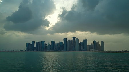 Doha's Elegance: Captivating view of Doha's modern skyline from Sheraton Park on January 14, 2022, with a cloudy sky above.の素材