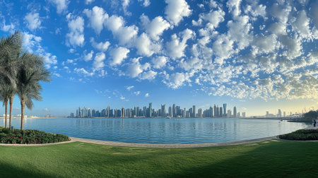 Doha Panorama: A breathtaking view of Doha's skyline from Sheraton Park, captured on a sunny January day in 2022, with picturesque clouds in the background.の素材
