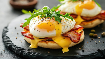Elegant Eggs Benedict with poached eggs, crispy bacon, and hollandaise on an English muffin, topped with a fresh arugula garnish, ideal for a gourmet breakfastの素材
