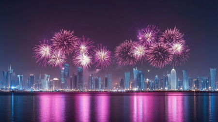 Doha's Fireworks Celebration: Spectacular fireworks light up the Doha skyline on Qatar National Day, September 23, 2018, with vibrant and dazzling displays.の素材