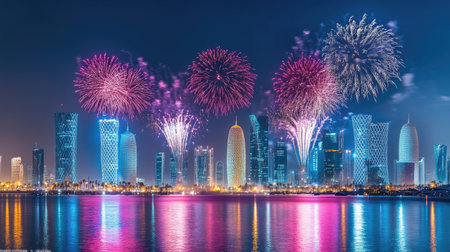 Doha's Fireworks Celebration: Spectacular fireworks light up the Doha skyline on Qatar National Day, September 23, 2018, with vibrant and dazzling displays.の素材