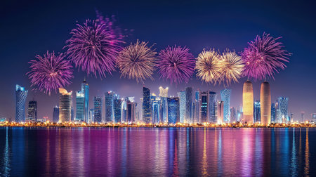 Doha's Festive Night Display: Stunning fireworks light up the night sky over Doha, Qatar, on National Day, September 23, 2018, with brilliant colors and patterns.の素材