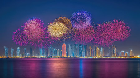 Doha's National Day Lights: Spectacular fireworks show over Doha, Qatar, on September 23, 2018, celebrating Qatar National Day with vibrant and colorful displays.の素材