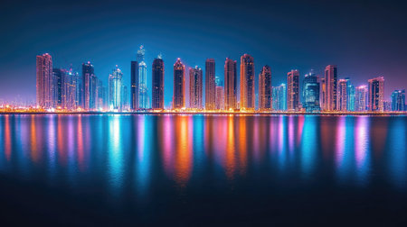 Dubai Marina Night Magic: Captivating long exposure photograph of Dubai Marina at night, featuring the bright reflections of city lights on the calm waters.の素材