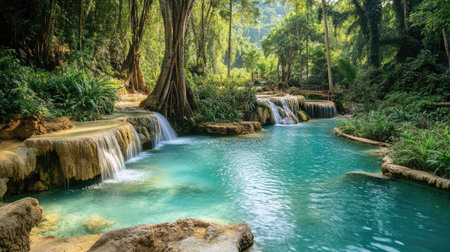 Emerald Oasis: The beautiful Kuang Si Waterfall with its turquoise pools and surrounding lush vegetation in Luang Prabang, Laos. A true emerald oasis.の素材