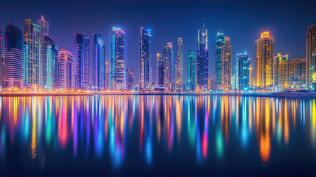 Dubai's Nighttime Charm: Captivating long exposure of Dubai Marina at night, with reflections of vibrant city lights on the water creating a magical scene.の素材