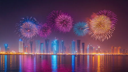 Doha's Festive Fireworks: Magnificent fireworks display over Doha, Qatar, celebrating Qatar National Day on September 23, 2018, with the night sky aglow in festive colors.の素材