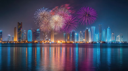 Fireworks Spectacle in Doha: Captivating fireworks display over Doha, Qatar, celebrating National Day on September 23, 2018, with the night sky aglow in festive colors.の素材