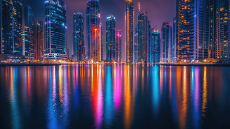 Dubai Marina Night Lights: A stunning long exposure capture of Dubai Marina at night, featuring the vivid reflections of city lights on the water.の素材