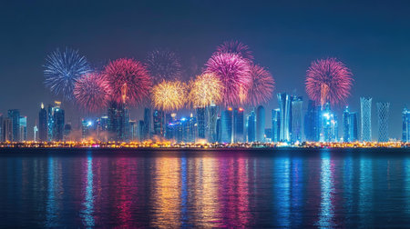 Doha's Nighttime Celebration: Majestic fireworks light up Doha's skyline on Qatar National Day, September 23, 2018, with dazzling and vibrant displays.の素材