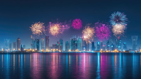 Fireworks Above Doha: Stunning fireworks display over Doha, Qatar, on National Day, September 23, 2018, with colorful bursts lighting up the city's skyline.の素材
