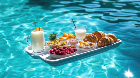 Floating breakfast set with a variety of dishes, including fresh juice, croissants, and tropical fruit, drifting on a tray in a hotel resort swimming poolの素材