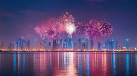 Festive Fireworks in Doha: A spectacular fireworks display over Doha, Qatar, in celebration of Qatar National Day on September 23, 2018, with the city aglow in festive colors.の素材