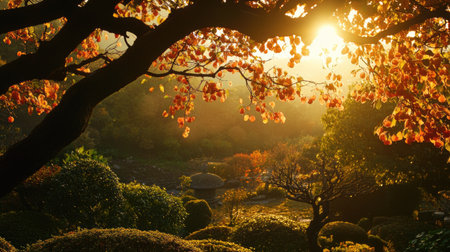 Golden Dawn: Early morning at Atami Plum Garden, Shizuoka Prefecture. The autumn leaves are bathed in soft, golden light in Atami City.の素材