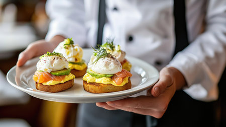 Elegant hotel service with a waiter holding a breakfast tray of Eggs Benedict with smoked salmon, poached eggs, toast, and avocadoの素材