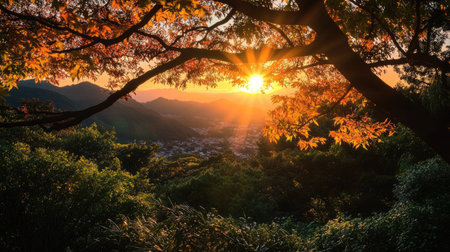 Golden Dawn: Early morning at Atami Plum Garden, Shizuoka Prefecture. The autumn leaves are bathed in soft, golden light in Atami City.の素材