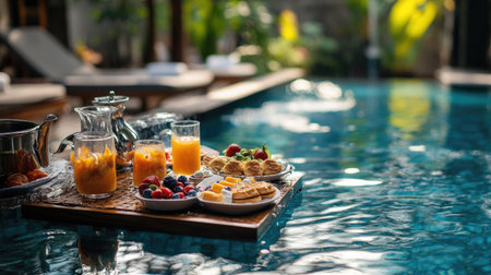 Floating breakfast set in a serene hotel swimming pool, featuring a spread of fresh fruit, pastries, and beverages, offering a luxurious start to the dayの素材