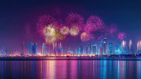 Fireworks Spectacle in Doha: Captivating fireworks display over Doha, Qatar, celebrating National Day on September 23, 2018, with the night sky aglow in festive colors.の素材