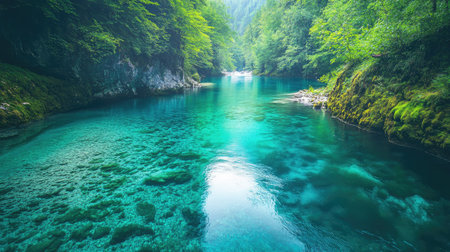 Flow of Radovna River: Captivating shot of the Radovna River meandering through Vintgar Gorge, with its clear, turquoise waters reflecting the surrounding nature.の素材