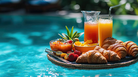 Floating breakfast set with a variety of dishes, including fresh juice, croissants, and tropical fruit, drifting on a tray in a hotel resort swimming poolの素材