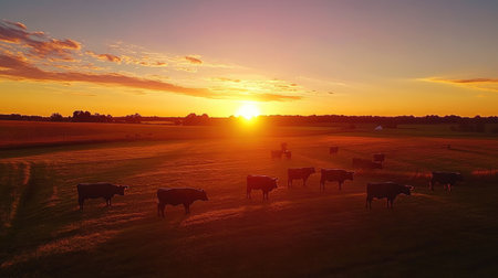 Bird's-eye shot of a cow farm during sunset, with cows silhouetted against the colorful sky, and shadows stretching across the fields.の素材