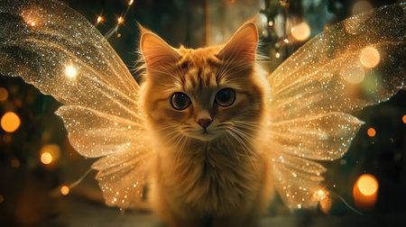 Bird's-eye shot of a cat in a fairy costume, surrounded by glittering wings and magical wands.の素材