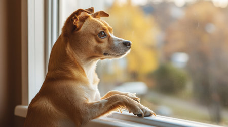 Bird's-eye perspective of a dog standing on hind legs, paws on a window sill, looking outside with curiosity.の素材