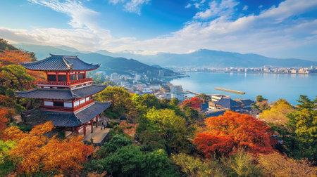 Autumn Brilliance: Atami Plum Garden in the early morning, Atami City. The autumn leaves in Shizuoka Prefecture create a colorful and tranquil atmosphere.の素材